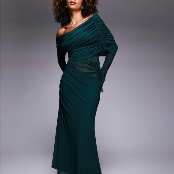 ASOS Emerald Long Sleeve Off-Shoulder Dress - Picture 3 of 11